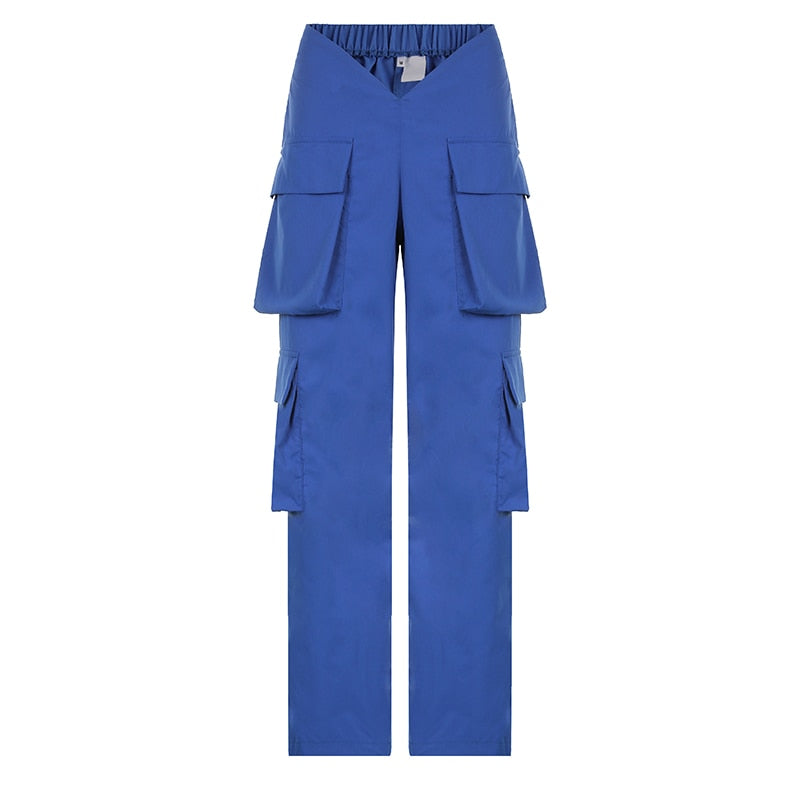 CityHottie - Vintage Y2k Cargo Pants Women Elastic High Waist Big Pockets Baggy Casual Capris Aesthetic Autumn Jogger Sweatpants