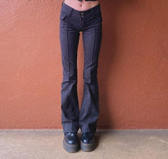 CityHottie - Indie Aesthetics Slim Low Waist Flare Pants E-girl Vintage Pockets Solid Y2K Pants Autumn 90s Fashion Black Trousers