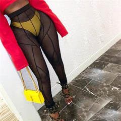 CityHottie - New Sexy See-through Black High Waist Long Trousers Casual Sweatpants Women Autumn Elastic Pencil Pants Mesh Leggings