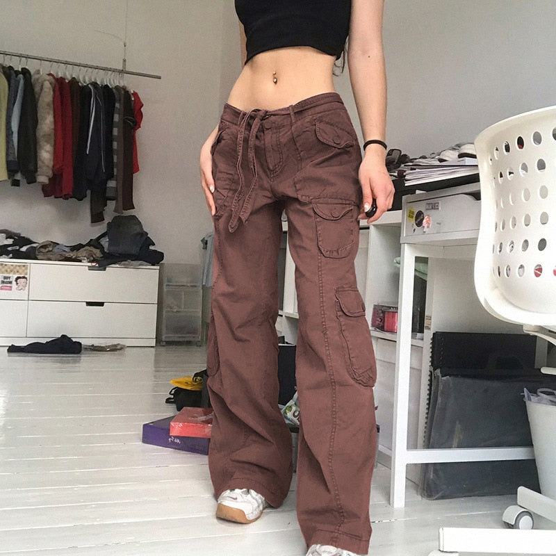 CityHottie - Fashion Women's Jeans Y2K High Street Waist Denim Trousers Drawstring Waist Flap Pocket Baggy Jeans Loose Women's Classic Pants