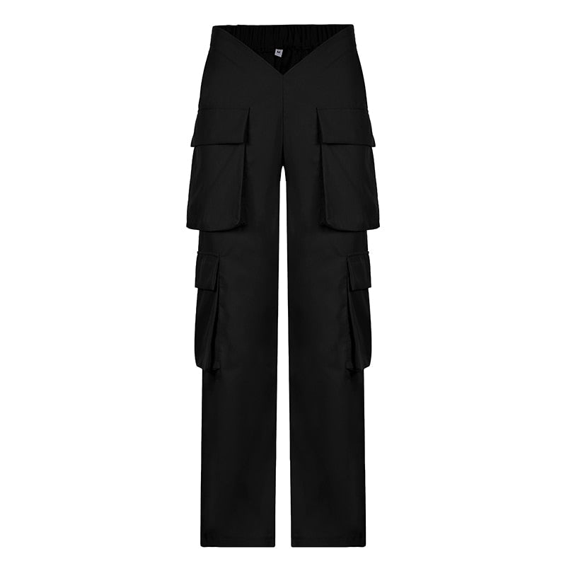 CityHottie - Vintage Y2k Cargo Pants Women Elastic High Waist Big Pockets Baggy Casual Capris Aesthetic Autumn Jogger Sweatpants