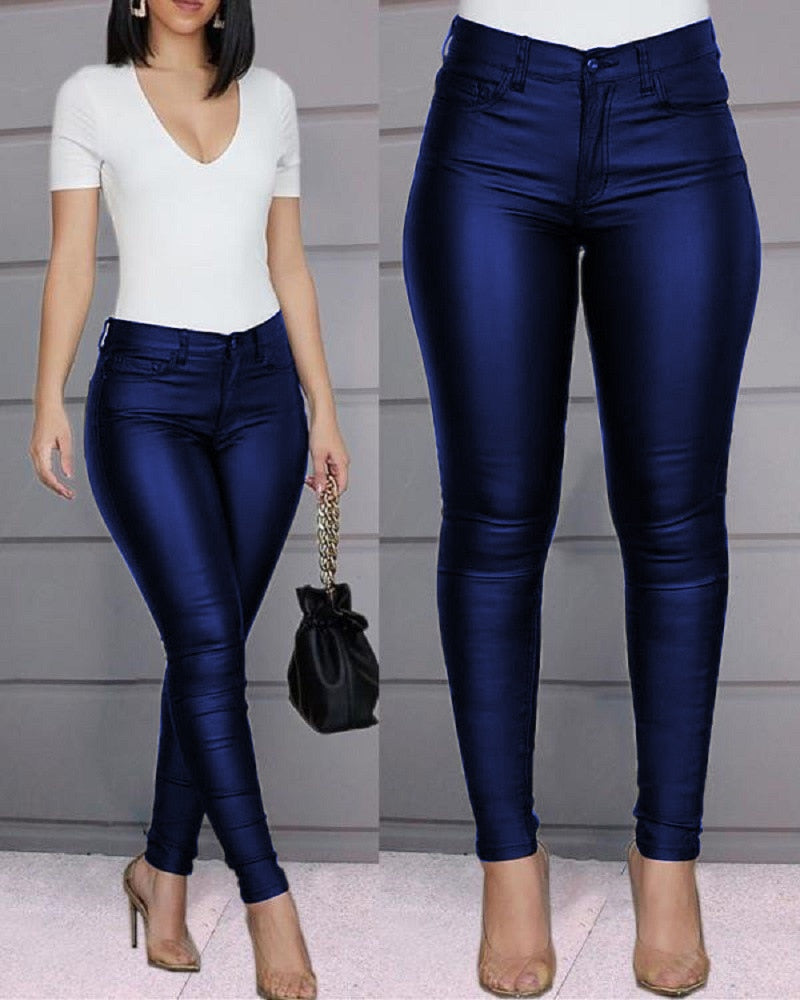 CityHottie - PU Leather Pants Women High Waist Button Zipper Slim Push Up Woman Pencil Pants Casual Pockets Blue Skinny Women Pants Plus Size