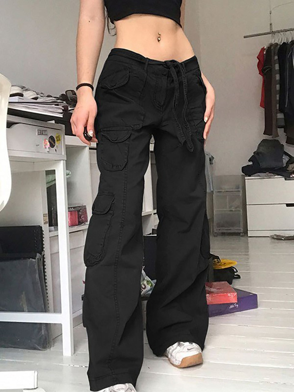 CityHottie - Fashion Women's Jeans Y2K High Street Waist Denim Trousers Drawstring Waist Flap Pocket Baggy Jeans Loose Women's Classic Pants