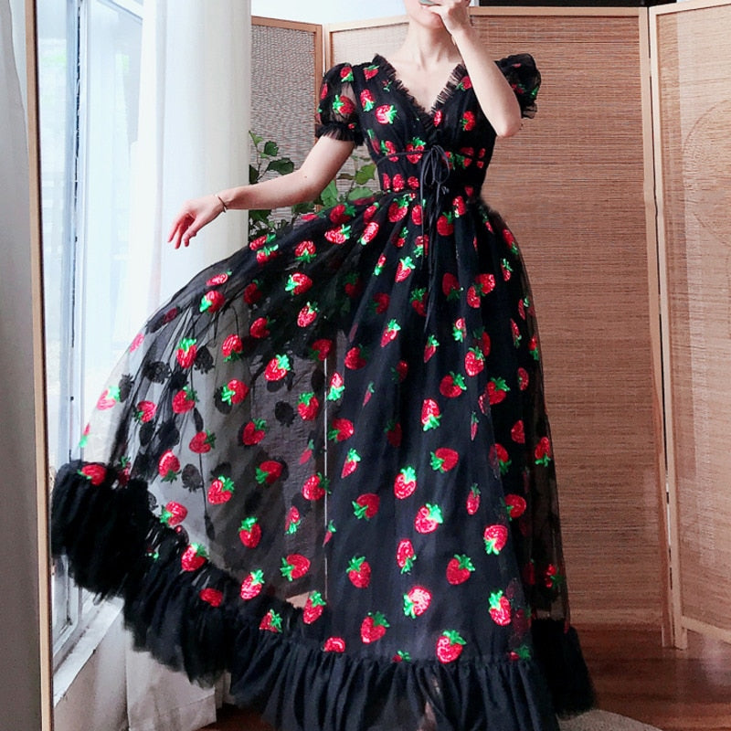 CityHottie - Maxi Dresses For Women Summer Strawberry Dress Plus Size Mesh Robe Sexy Party Club Elegant Female Casual Dresses Vestidos