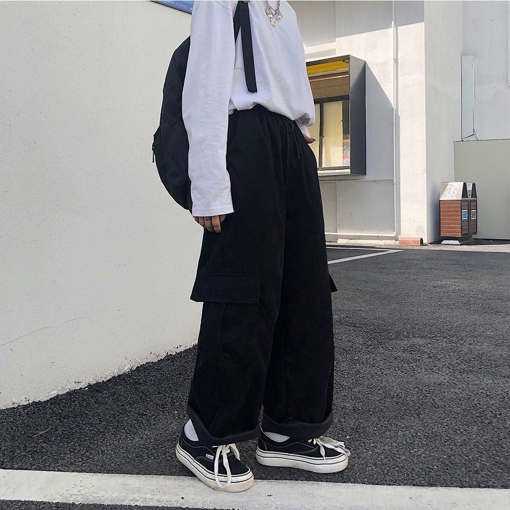 CityHottie - Summer Outfits Trends Women's Cargo Pants Corduroy Wide Leg Pocket Jogger Trousers Autumn Winter Casual Loose Streetwear Harajuku Harem Pant Females