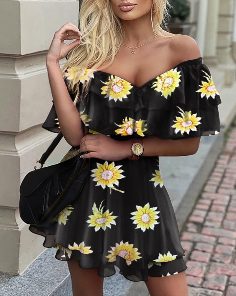 CityHottie - Elegant Off Shoulder Ruffle Fit Flare Dress Women Solid Casual Dress Summer Dress Mini Elegant Dress