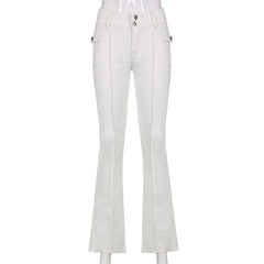 CityHottie - Indie Aesthetics Slim Low Waist Flare Pants E-girl Vintage Pockets Solid Y2K Pants Autumn 90s Fashion Black Trousers