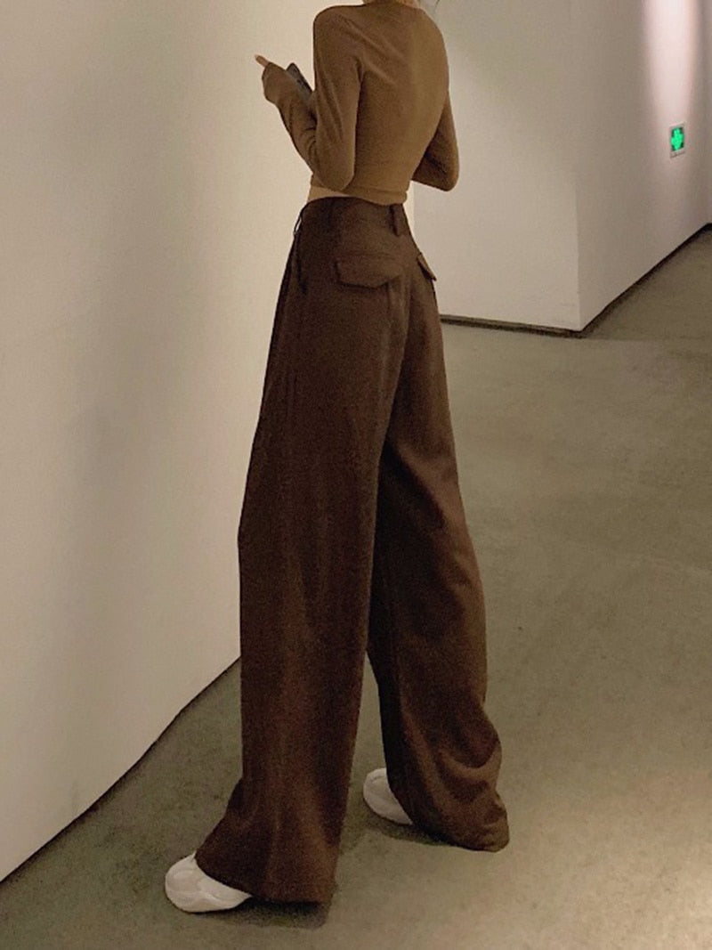 CityHottie - women Retro Solid Color Wild Straight Wide Leg Pants Female Spring New Korean Fashion High Waist Casual Long Pants
