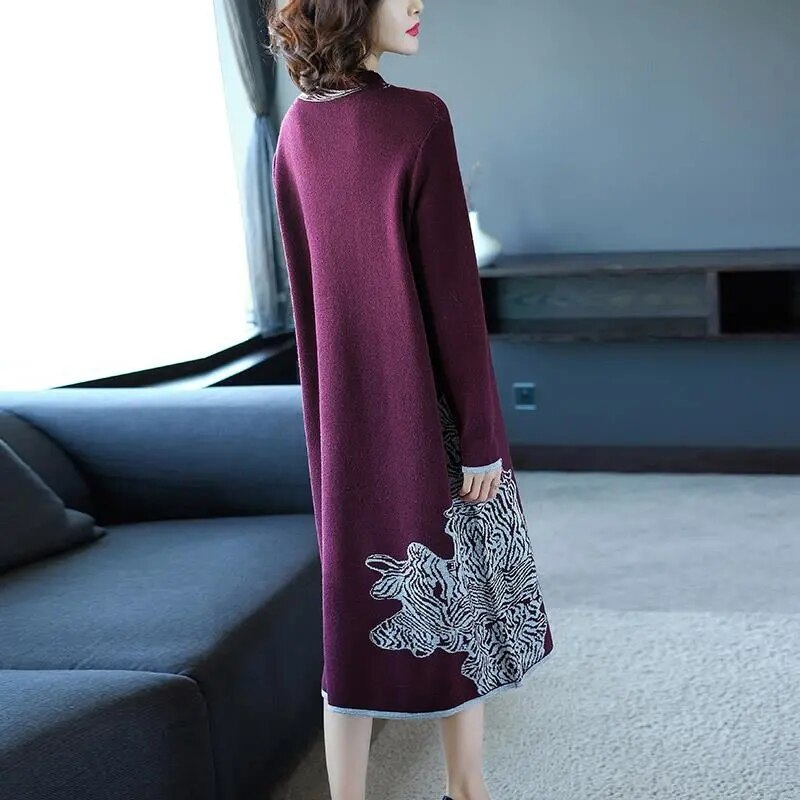 CityHottie - Trends high quality New Year Women's Autumn/Winter Long Sleeve Knitted Wool Dress Loose High Collar Knee-Length Dress Slim Casual Dress Party Dress