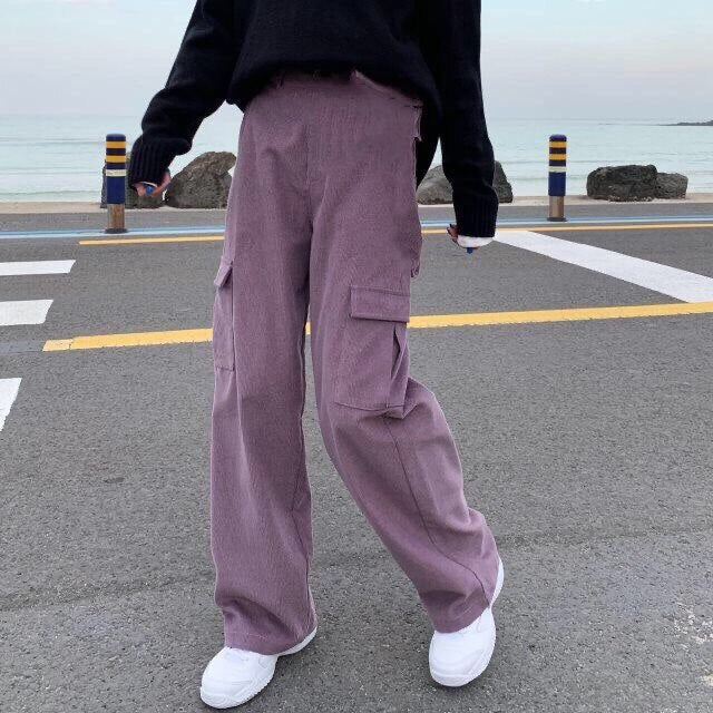 CityHottie - Summer Outfits Trends Women's Cargo Pants Corduroy Wide Leg Pocket Jogger Trousers Autumn Winter Casual Loose Streetwear Harajuku Harem Pant Females