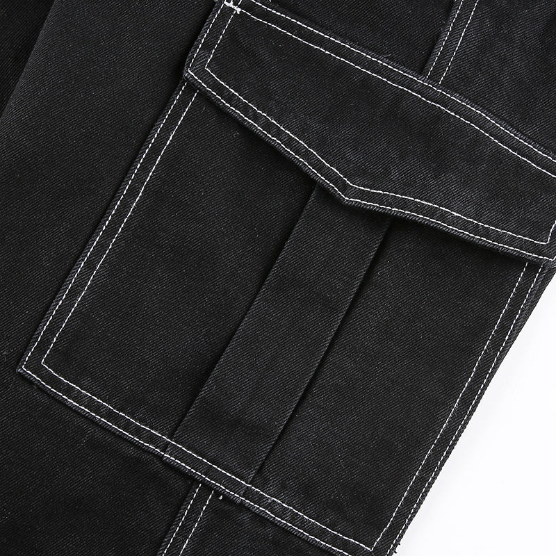 CityHottie - Womens Fashion Trends Pockets Patchwork Baggy Jeans Fashion Streetwear 100% Cotton Women Denim Trouser Loose Cargo Pants Korean Jeans Harajuku