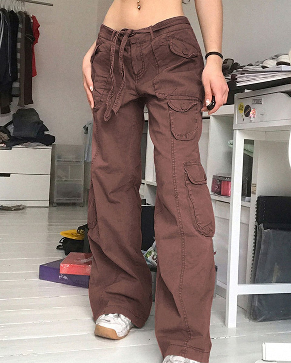 CityHottie - Fashion Women's Jeans Y2K High Street Waist Denim Trousers Drawstring Waist Flap Pocket Baggy Jeans Loose Women's Classic Pants