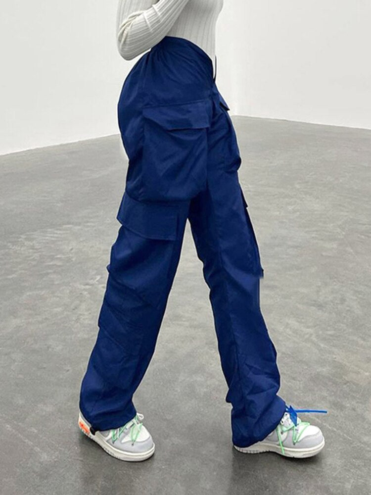 CityHottie - Vintage Y2k Cargo Pants Women Elastic High Waist Big Pockets Baggy Casual Capris Aesthetic Autumn Jogger Sweatpants