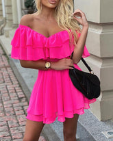 CityHottie - Elegant Off Shoulder Ruffle Fit Flare Dress Women Solid Casual Dress Summer Dress Mini Elegant Dress