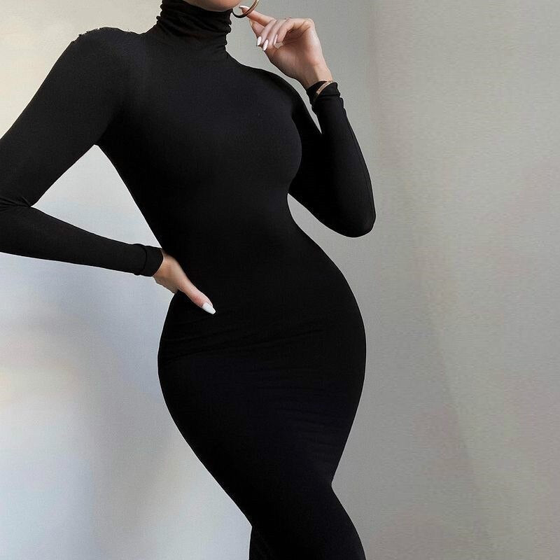 CityHottie - Turtleneck Long Dress Autumn Winter Muslim Elegant Office Lady Skinny Long Sleeve Bodycon Casual Dress Women Midi Clubwear GV464
