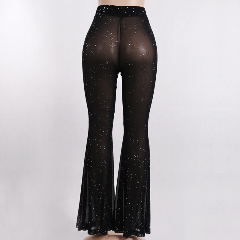 CityHottie - Hot Sparkly Rhinestone Black Mesh Sexy Flare Pants Streetwear Rave Bottoms See Through Beach Bell Bottom Pants C66-BE16