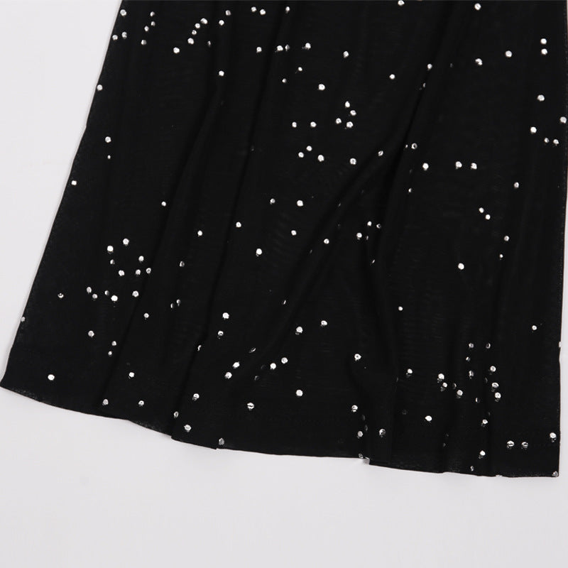 CityHottie - Hot Sparkly Rhinestone Black Mesh Sexy Flare Pants Streetwear Rave Bottoms See Through Beach Bell Bottom Pants C66-BE16