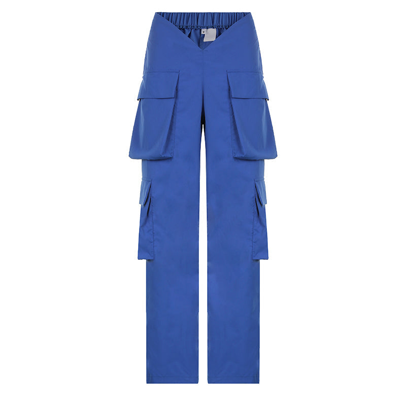 CityHottie - Vintage Y2k Cargo Pants Women Elastic High Waist Big Pockets Baggy Casual Capris Aesthetic Autumn Jogger Sweatpants