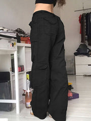 CityHottie - Fashion Women's Jeans Y2K High Street Waist Denim Trousers Drawstring Waist Flap Pocket Baggy Jeans Loose Women's Classic Pants