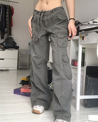 CityHottie - Fashion Women's Jeans Y2K High Street Waist Denim Trousers Drawstring Waist Flap Pocket Baggy Jeans Loose Women's Classic Pants