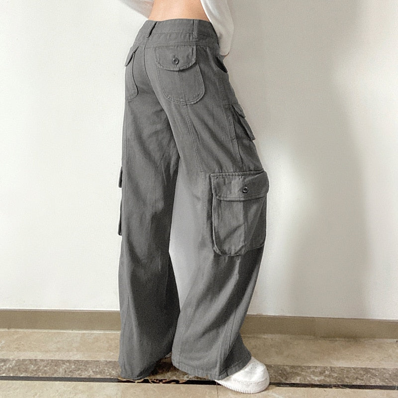 CityHottie - Fashion Women's Jeans Y2K High Street Waist Denim Trousers Drawstring Waist Flap Pocket Baggy Jeans Loose Women's Classic Pants