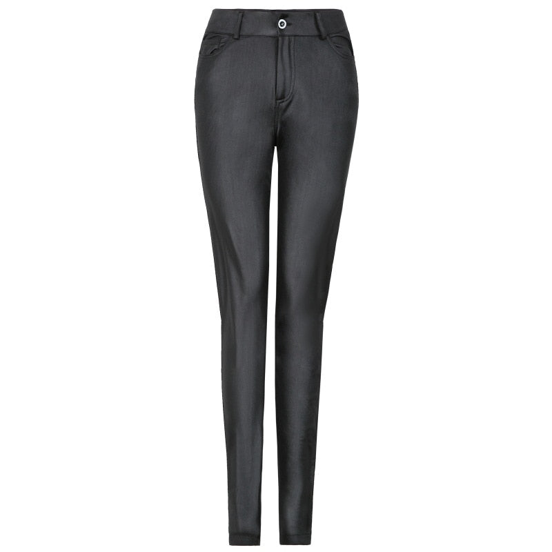 CityHottie - PU Leather Pants Women High Waist Button Zipper Slim Push Up Woman Pencil Pants Casual Pockets Blue Skinny Women Pants Plus Size