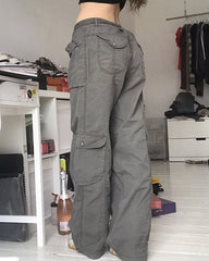 CityHottie - Fashion Women's Jeans Y2K High Street Waist Denim Trousers Drawstring Waist Flap Pocket Baggy Jeans Loose Women's Classic Pants