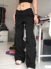 CityHottie - Fashion Women's Jeans Y2K High Street Waist Denim Trousers Drawstring Waist Flap Pocket Baggy Jeans Loose Women's Classic Pants