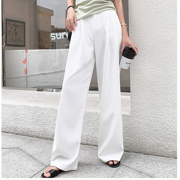 CityHottie - women Retro Solid Color Wild Straight Wide Leg Pants Female Spring New Korean Fashion High Waist Casual Long Pants