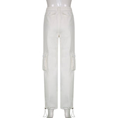 CityHottie - Women Spring Fashion Multi Pockets White Cargo Pants Women Adjustable Low Waist Baggy Wide Leg Jeans Oversized Casual Trousers Retro Bottoms Iamhotty