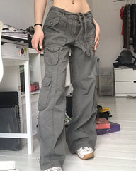 CityHottie - Fashion Women's Jeans Y2K High Street Waist Denim Trousers Drawstring Waist Flap Pocket Baggy Jeans Loose Women's Classic Pants