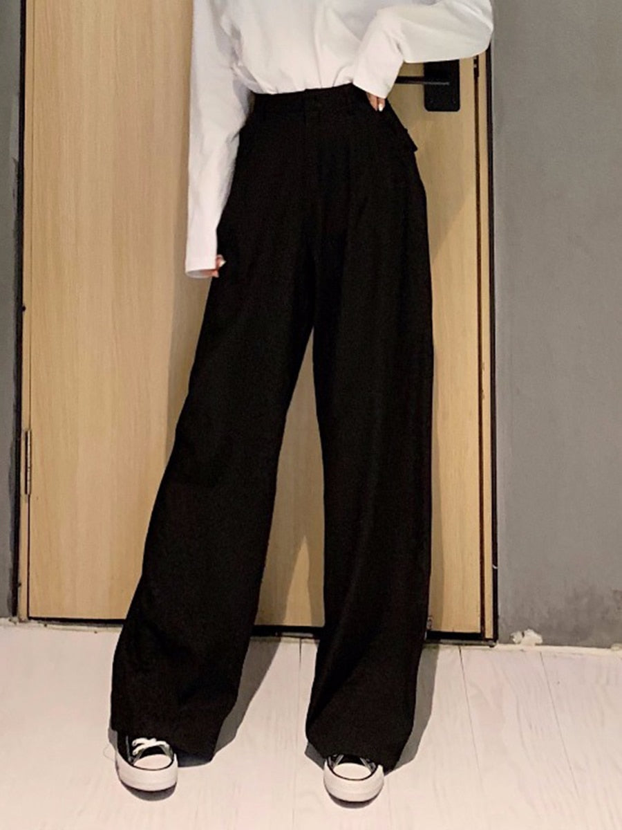 CityHottie - women Retro Solid Color Wild Straight Wide Leg Pants Female Spring New Korean Fashion High Waist Casual Long Pants