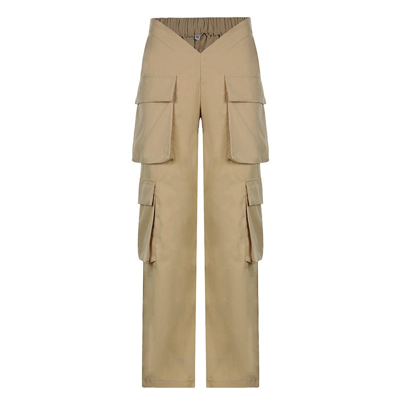 CityHottie - Vintage Y2k Cargo Pants Women Elastic High Waist Big Pockets Baggy Casual Capris Aesthetic Autumn Jogger Sweatpants