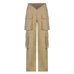 CityHottie - Vintage Y2k Cargo Pants Women Elastic High Waist Big Pockets Baggy Casual Capris Aesthetic Autumn Jogger Sweatpants