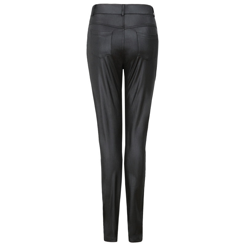 CityHottie - PU Leather Pants Women High Waist Button Zipper Slim Push Up Woman Pencil Pants Casual Pockets Blue Skinny Women Pants Plus Size