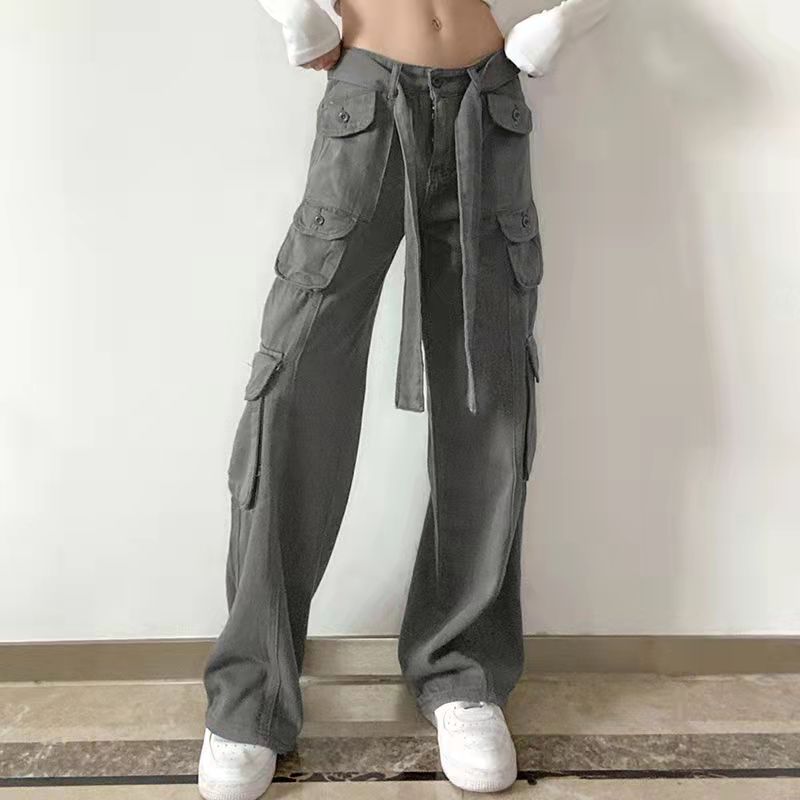 CityHottie - Vintage Streetwear Cargo Pants Women Harajuku Street Loose Straight Women Jeans Casual Slim Versatile High Waisted Jeans Pants