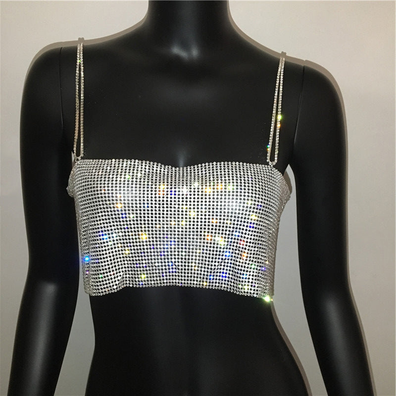 Crystal Diamond Chain Ladies Backless Collar Nightclub Music Festival Top