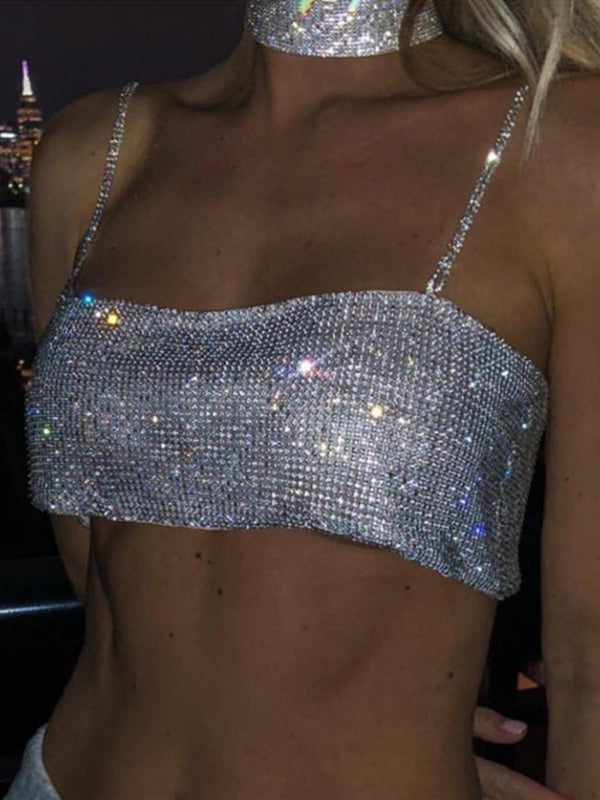 Crystal Diamond Chain Ladies Backless Collar Nightclub Music Festival Top