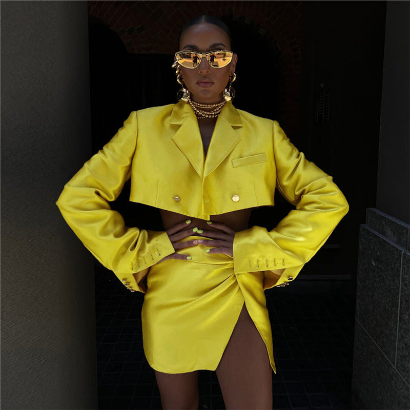 Autumn Winter Women Collared Long Sleeve Short Blazer Slim High Waist Skirt Set