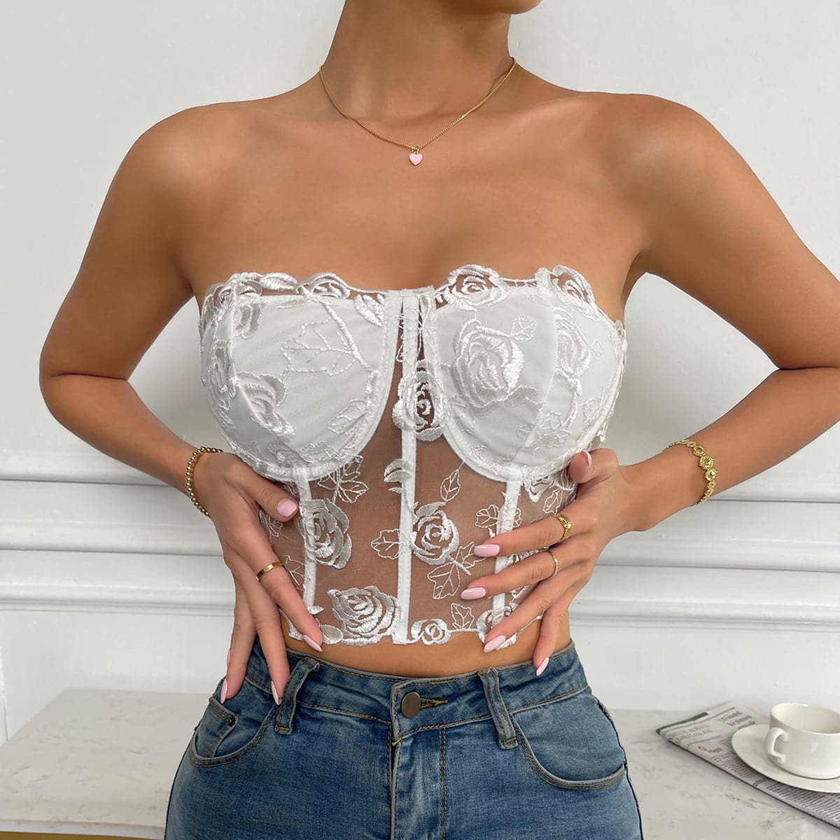Rose mesh solid button bustier tube top