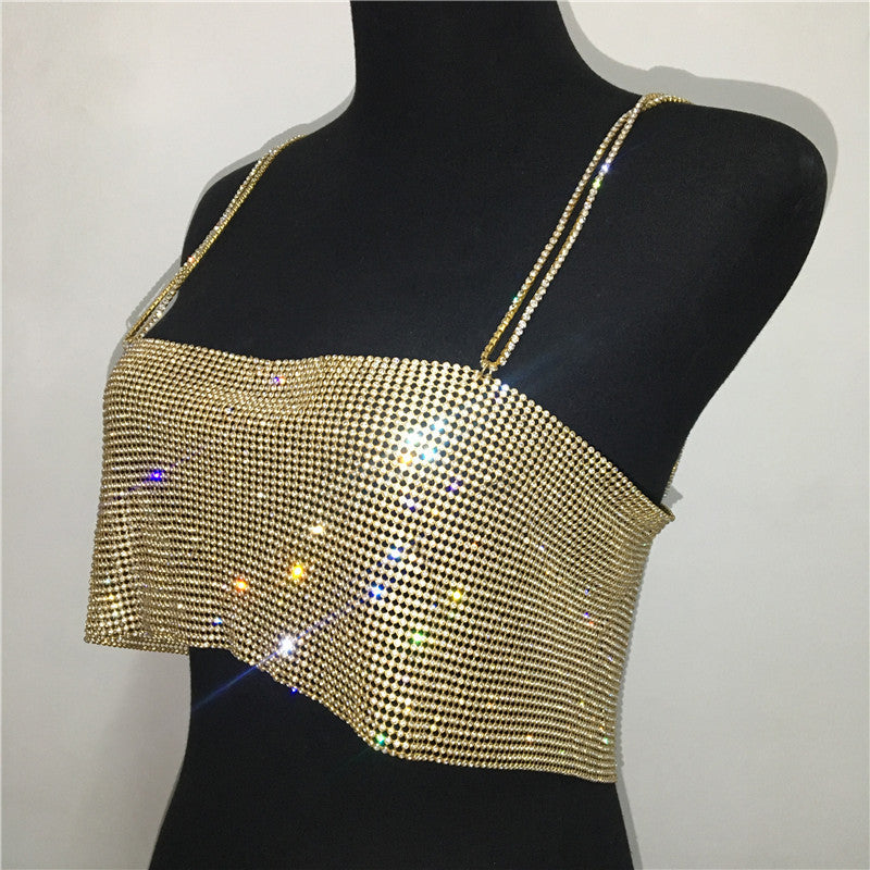 Crystal Diamond Chain Ladies Backless Collar Nightclub Music Festival Top