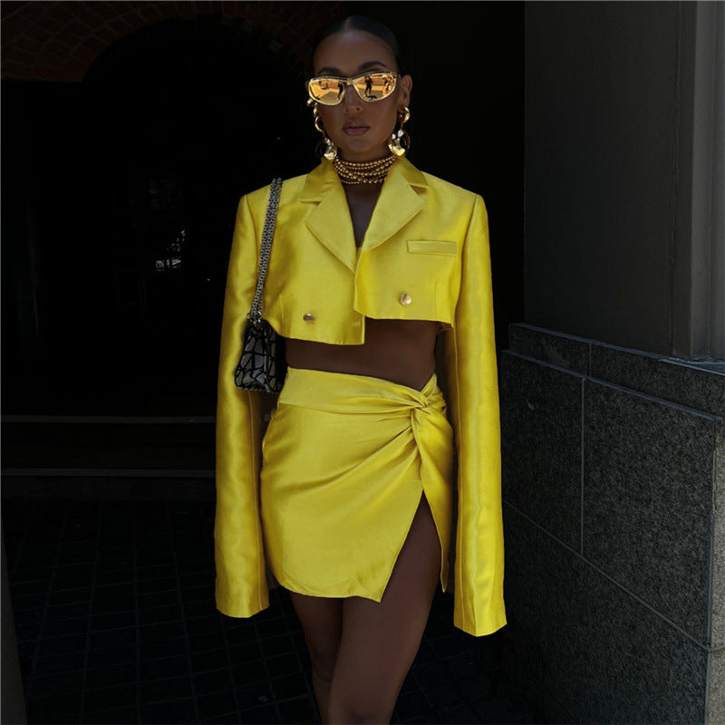 Autumn Winter Women Collared Long Sleeve Short Blazer Slim High Waist Skirt Set