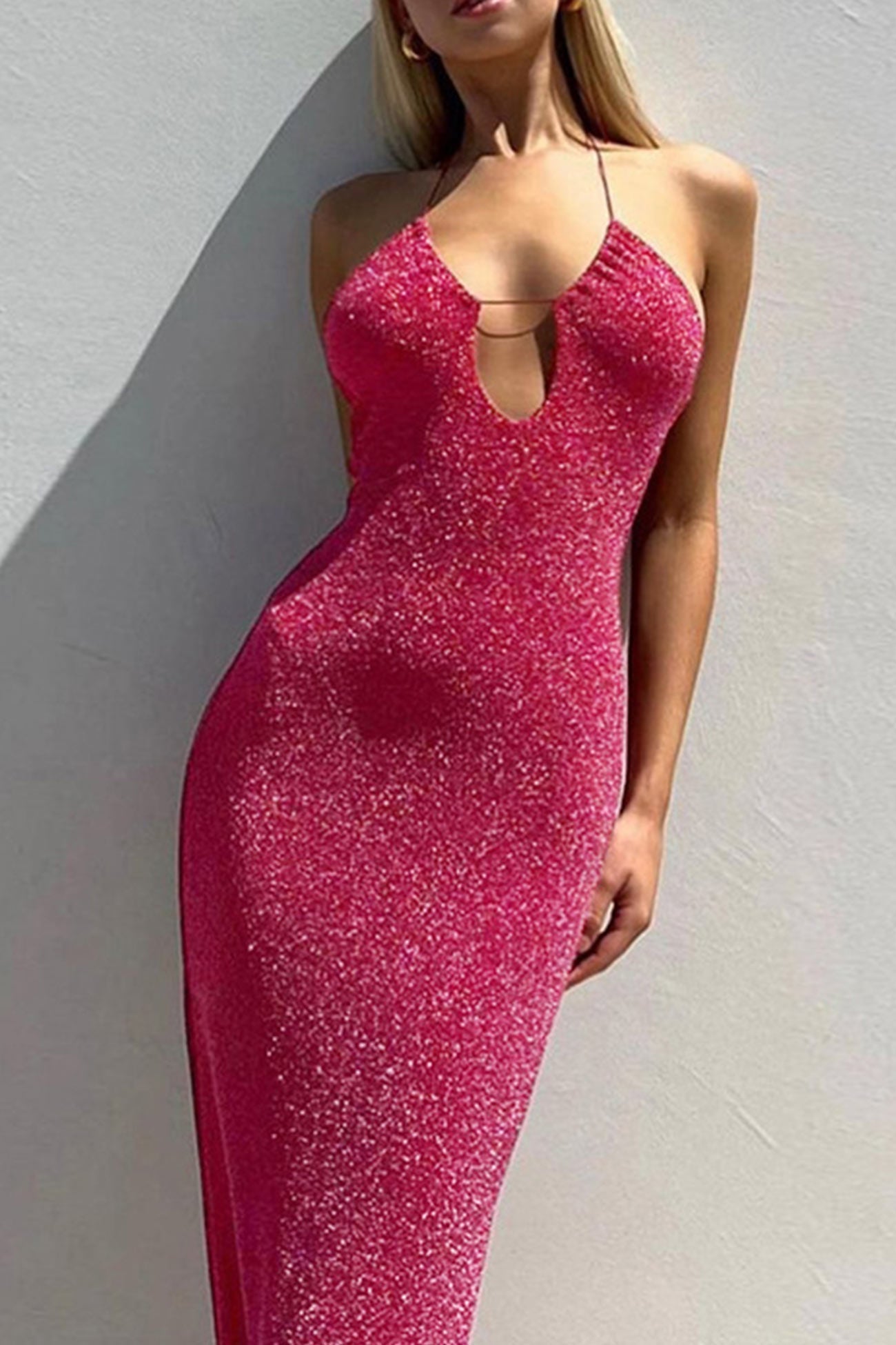 Pink Glitter Tie-back Slit Dress