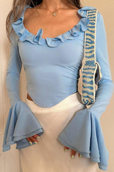 Ruffle Neck Flares Sleeve Tie-back Crop Top