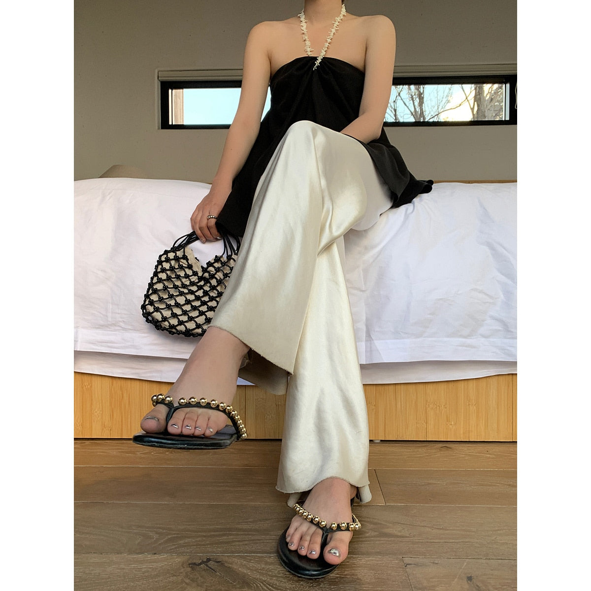 CityHottie - Satin Wide Leg Pants Long Floor Casual Pants Women's Summer