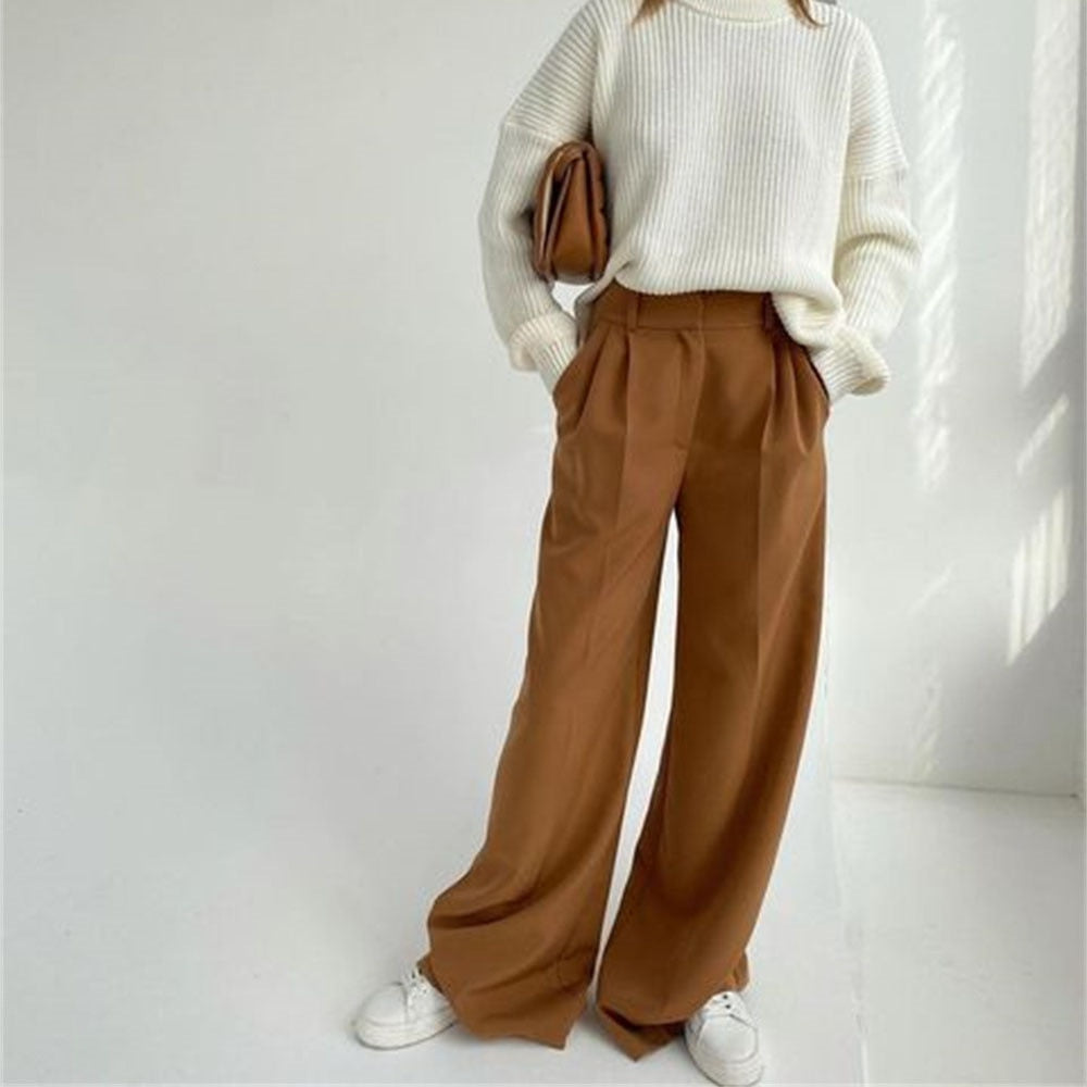 CityHottie - Outfits Trends New Spring Summer Women's Casual Straight Classic Green Black Rose Red High Waist Pants Korean Wide Leg Trousers for Women
