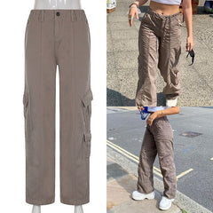 CityHottie - Women Spring Fashion Multi Pockets White Cargo Pants Women Adjustable Low Waist Baggy Wide Leg Jeans Oversized Casual Trousers Retro Bottoms Iamhotty