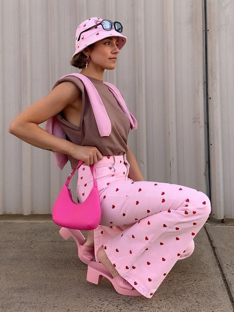 CityHottie - 2024 Fashion Trends Y2K Pink Pants Heart Printed Sweet Trousers Vintage Aesthetic Party Pants Pockets Joggers Festival Outfits Women New