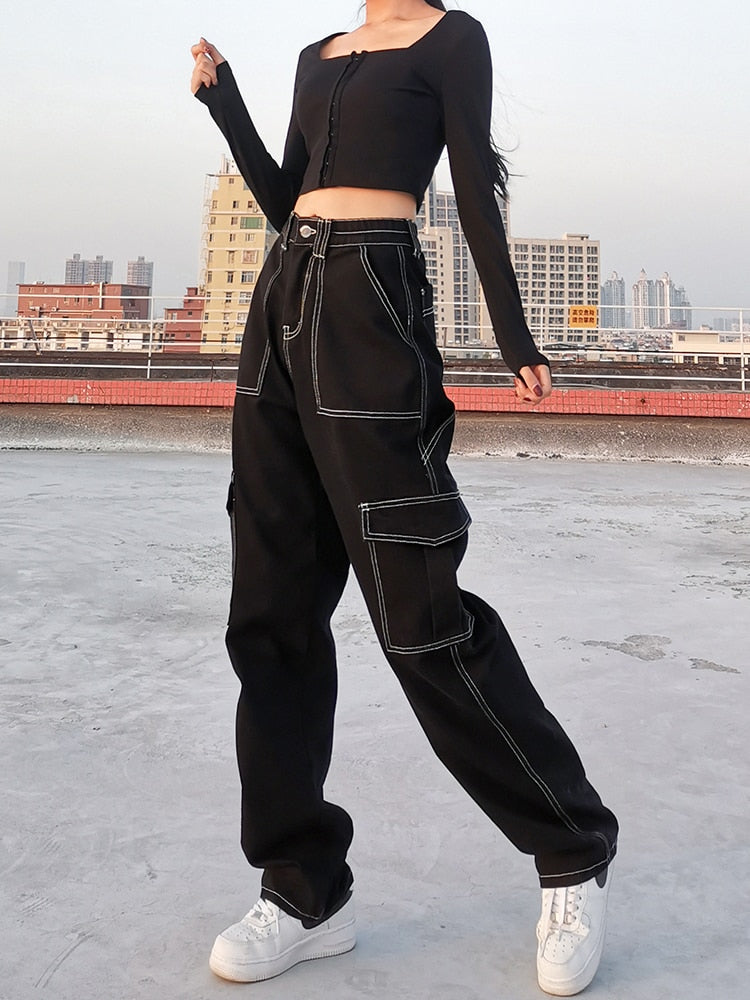 CityHottie - Womens Fashion Trends Pockets Patchwork Baggy Jeans Fashion Streetwear 100% Cotton Women Denim Trouser Loose Cargo Pants Korean Jeans Harajuku