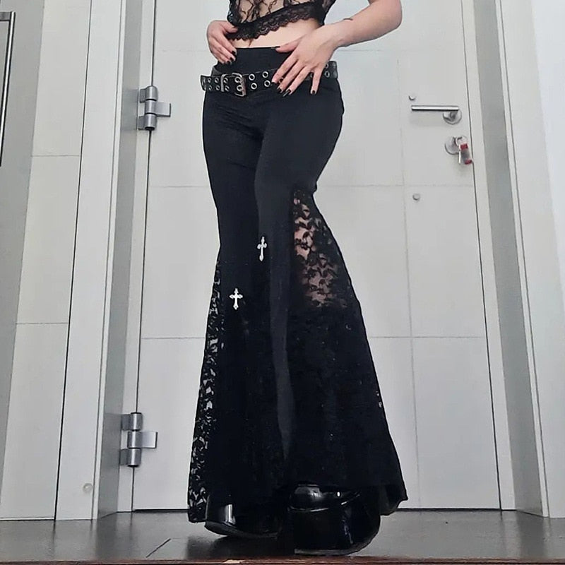 CityHottie - Goth Mall Flare Pants Sexy Black Lace Patchwork High Waist Vintage Harajuku Hippie Punk Grunge Streetwear Y2k Pants